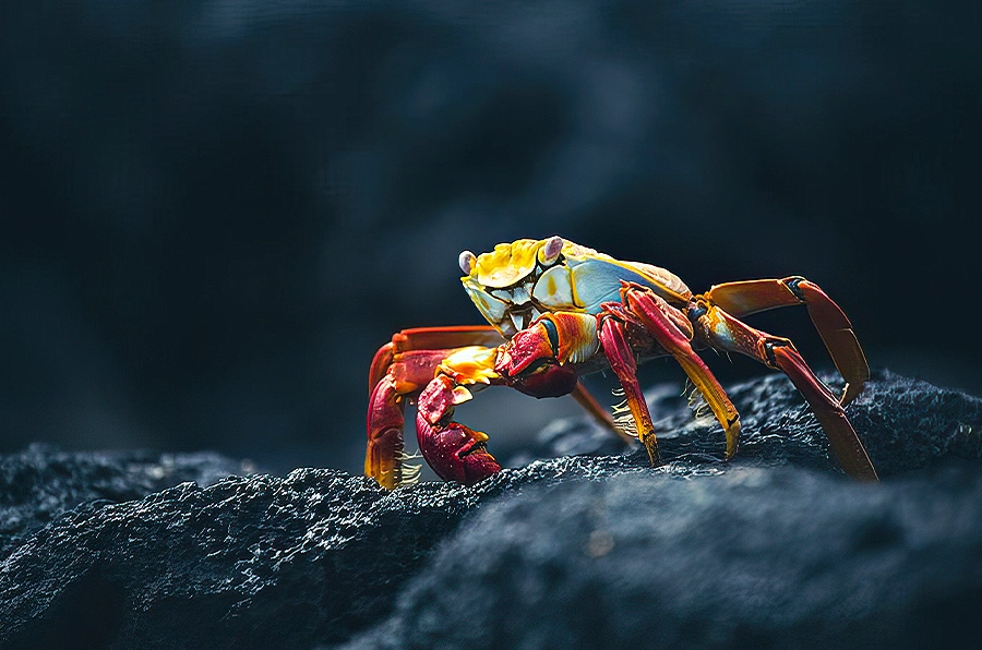 bright yellow and red crab on galopagos islands dark grey gravel