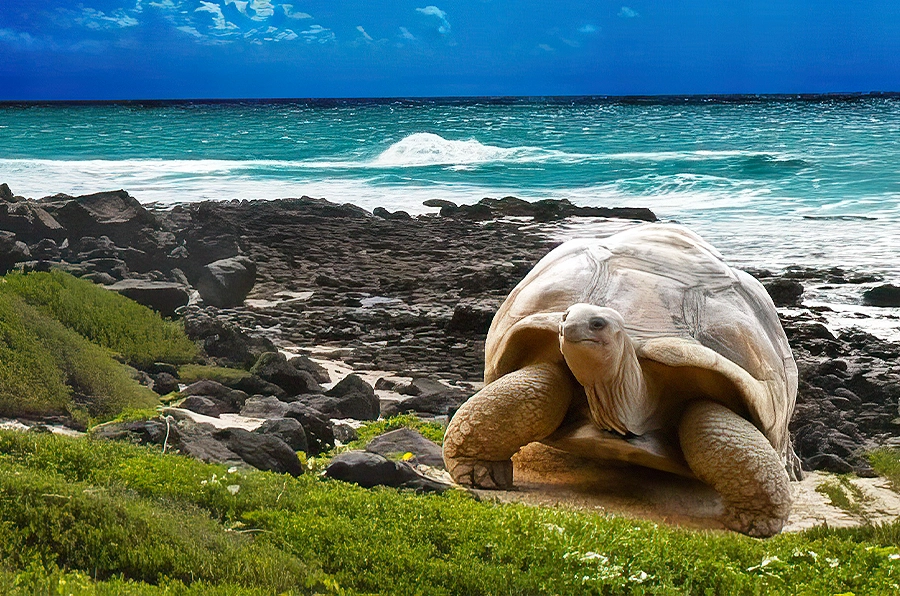 turtle walking on galapagos islands with ocean waves behind it